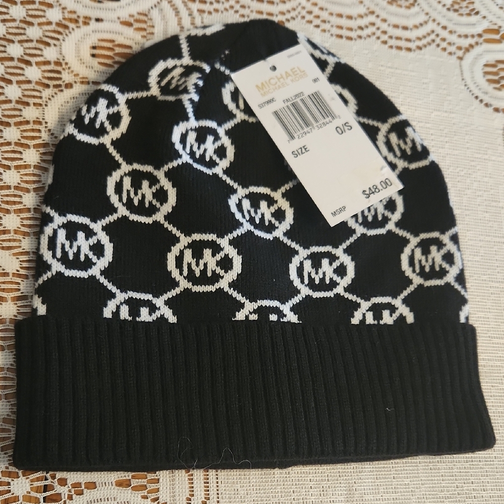 Michael Kors Black and White Monogram Knit Hat